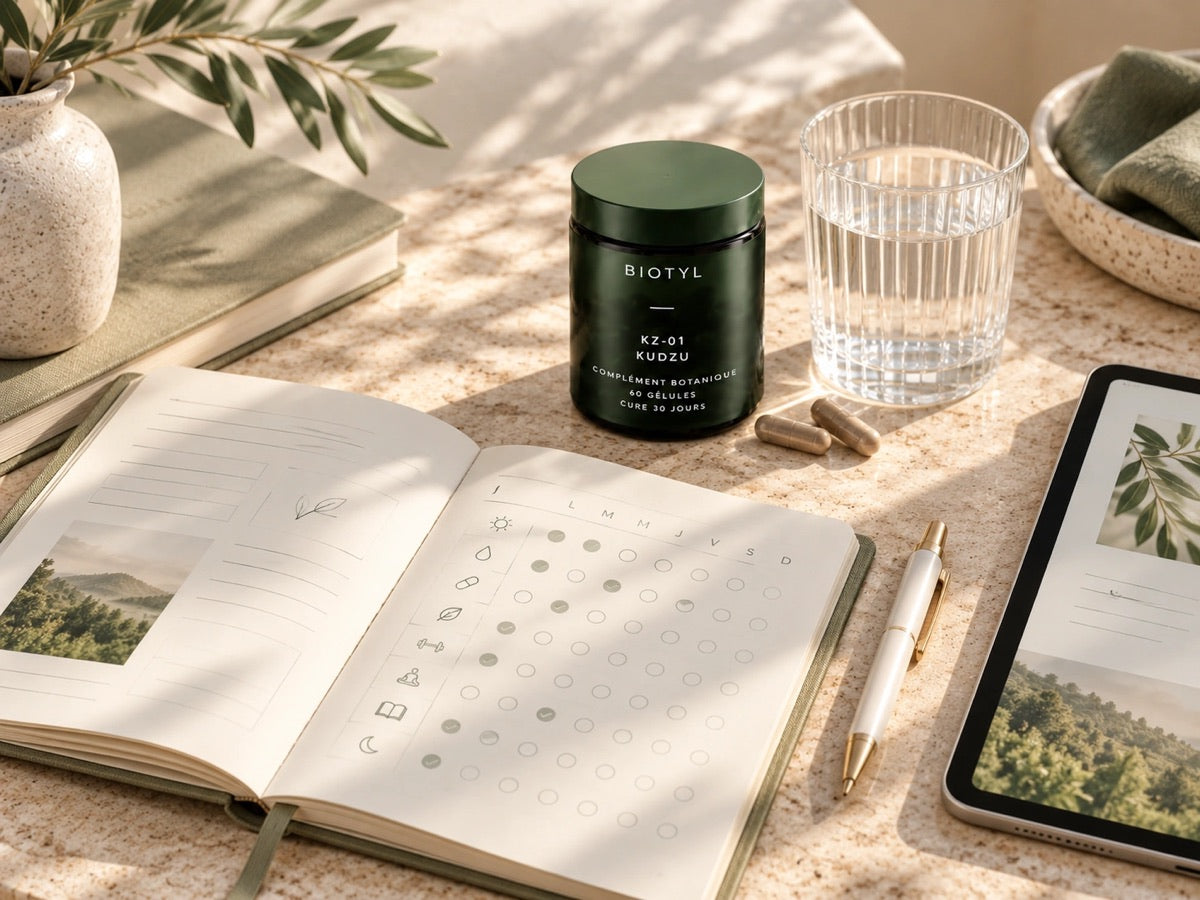 Le Habit Journal ouvert à côté du pot BIOTYL KZ-01 et d'un verre d'eau