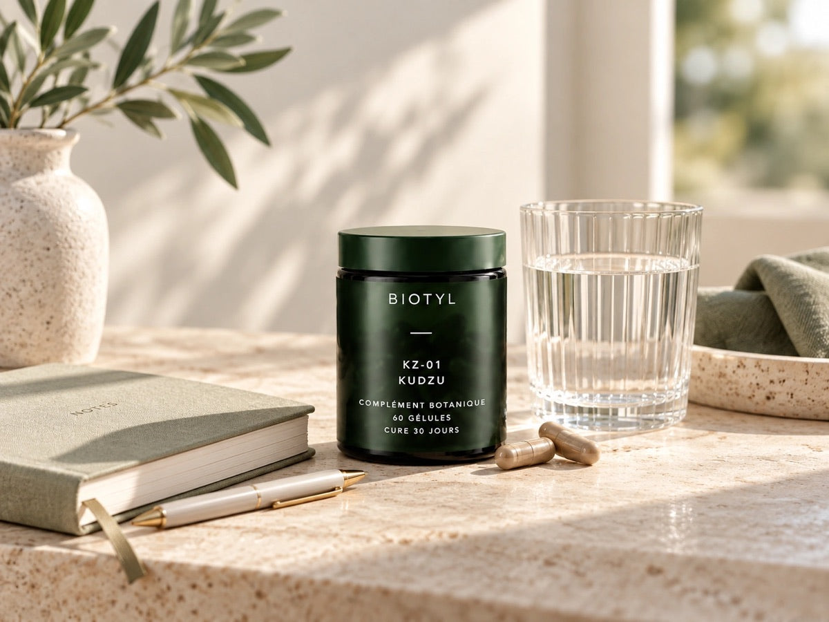 Le pot BIOTYL KZ-01, deux gélules, un verre d'eau et un carnet